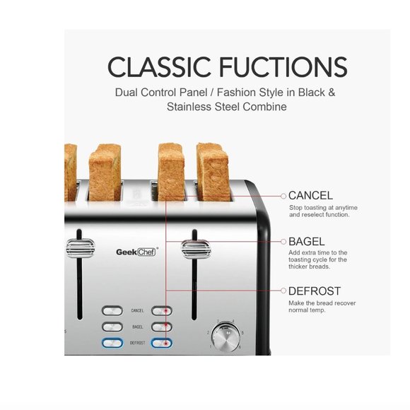 Toaster 4 Slice, Geek Chef Stainless Steel Toaster with Extra Wide Slots, 4 Slot - Picture 5 of 14
